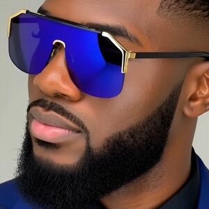 Shield Sunglasses Gold Trim Blue Mirror Lenses Men's Oversized Sport Driving New